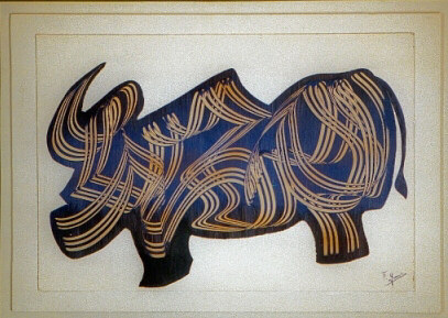 Buflocros - acrylique sur bois - 70 x 50 - la silhouette massive et stylise suggre la force brutale d'un animal africain imaginaire,  mi-chemin entre le buffle et le rhinocros. Elle contraste avec les lignes souples et fines qui animent sa surface, et qui pourraient constituer sa structure interne. Collection personnelle.  1992