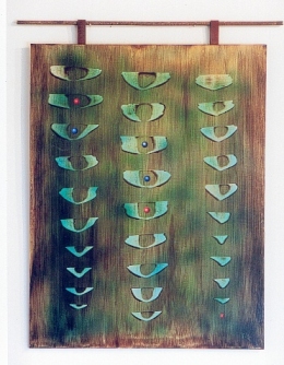 La cl du plaisir - acrylique sur bois - 57 x 76 - suspension par une barre de mtal oxyde avec du cuir brut. Toutes les interprtations, toutes les lectures sont possibles...  1999
