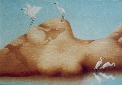 les aigrettes - acrylique sur bois -  sous-verre 18 x 13 -  l'ombre de l'absence ;  chacun son soleil! 1997 -