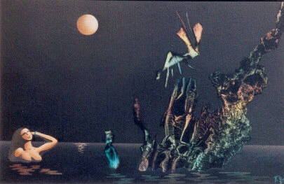 Bain de minuit - acrylique sur bois - 12 x 14 - inspir par l'univers fantastique de Max Ernst - 1993