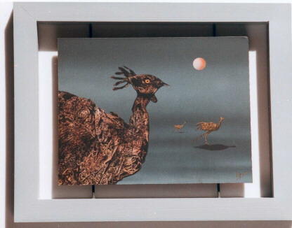 La fuite - acrylique sur bois - 29 x 23 - inspir par l'univers fantastique de Max Ernst - 1993